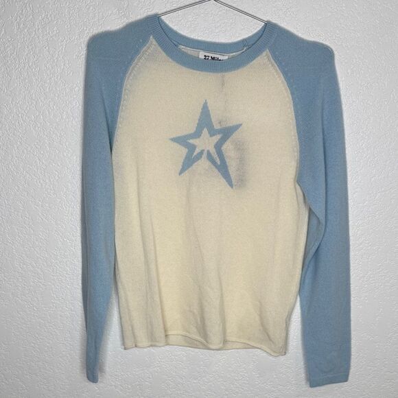 NWT 27 Miles | Kyra Cashmere Star Baseball Sweater Small Light Blue - Picture 2 of 10